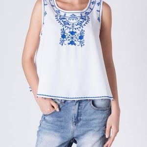 White Crepe Top with Blue Flower Embroidery